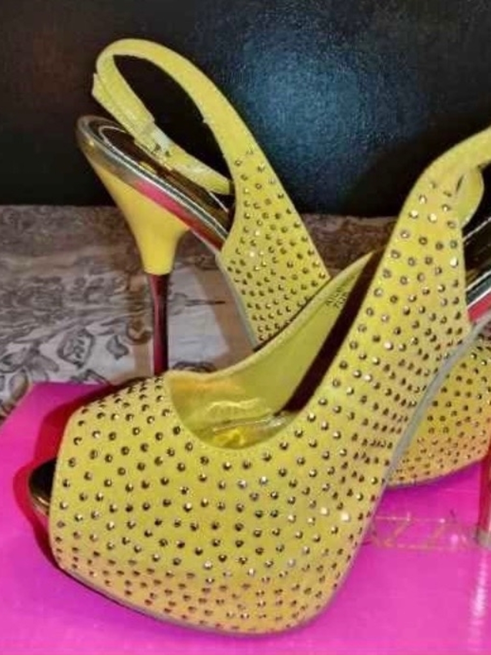 Shoe Dazzle Yellow Rhinestone Slingback Platform Heels